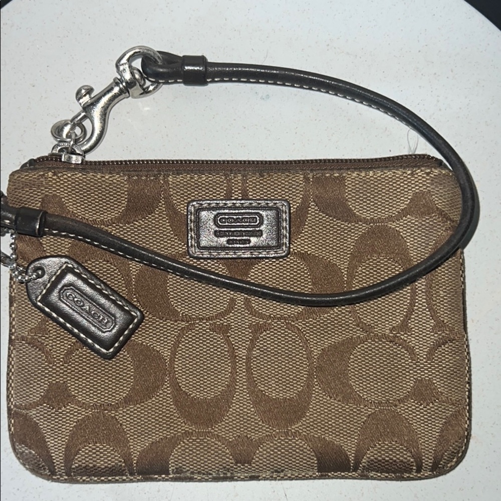Coach Tan Signature Wristlet with Silver Accents